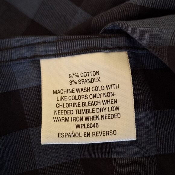 ALFANI SLIM FIT STRETCH XL 17.5" x 35" COTTON BUTTON UP BLUE BLACK BUFFALO CHECK - Picture 7 of 7